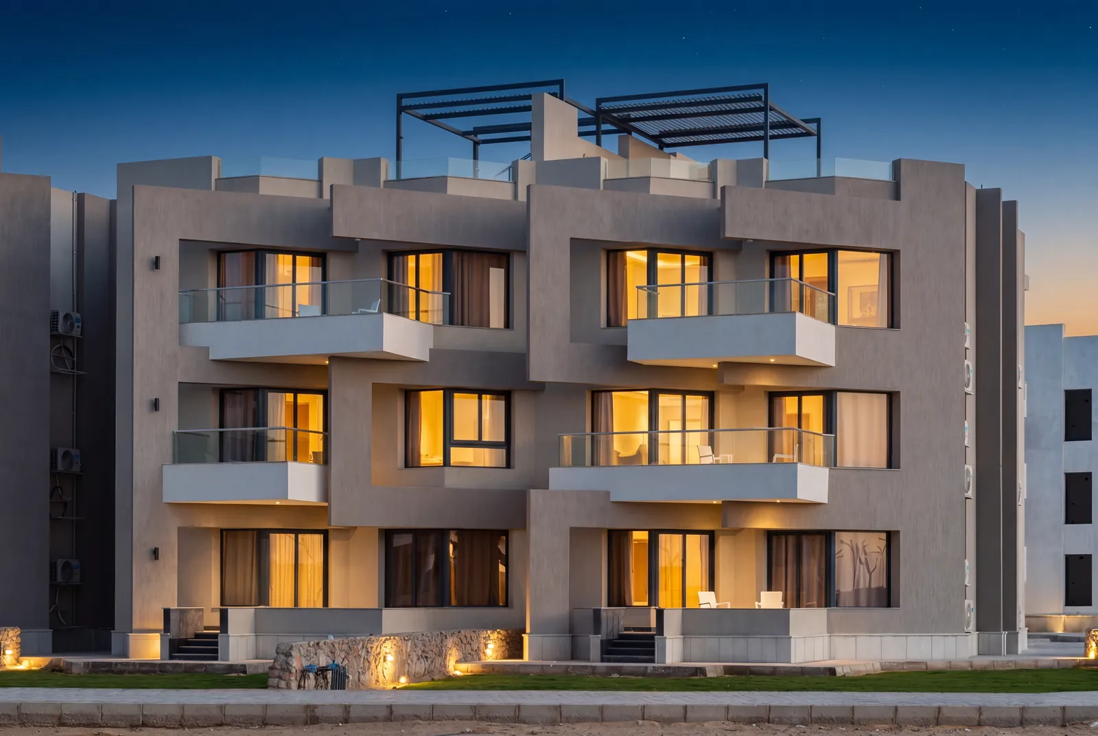 A beach home at dusk