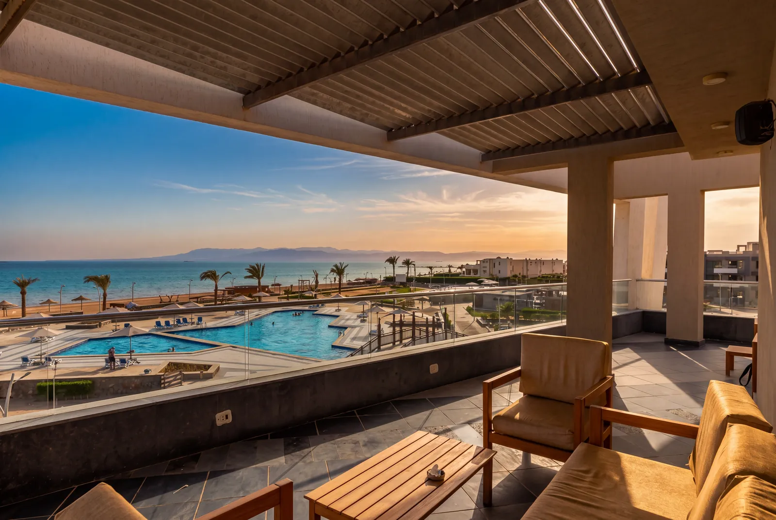 A private terrace at sunset